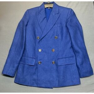 Ralph Lauren Black Label Double Breasted Linen Blue Blazer Gold Buttons Sz 2